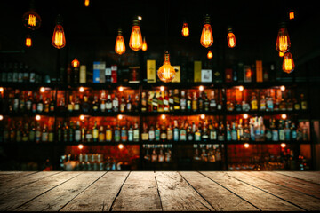 Wooden table with Blurred liquor bar background	