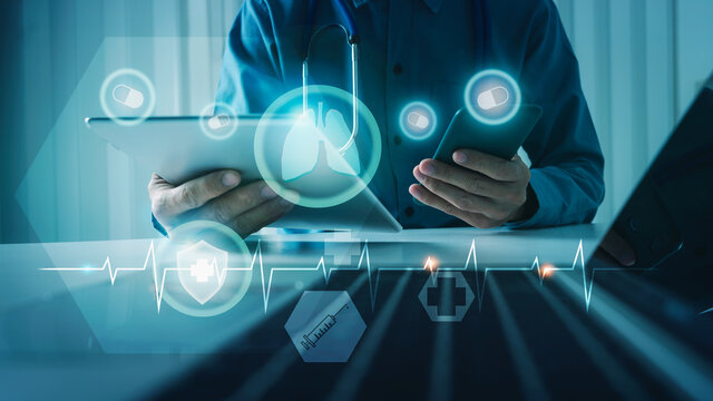 Doctor with diagnosis virtual Human Lungs VR interface screen technology of medical, healthcare and medicine for covid-19 concept.