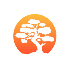 Japanese bonsai tree. Orange round logo, tree icon. Bonsai silhouette vector illustration on isolated white background. Ecology, nature, bio concept. Design template.