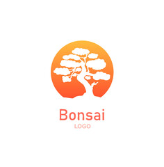 Japanese bonsai tree. Orange round logo, tree icon. Bonsai silhouette vector illustration on isolated white background. Ecology, nature, bio concept. Design template. Text can be replaced