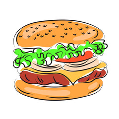 Cheeseburger fast food. Line drawing graphic illustration. Isolated on white. Isolated on white.