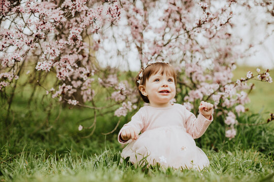 Baby girl sitting on grass near cherry tree in springtime