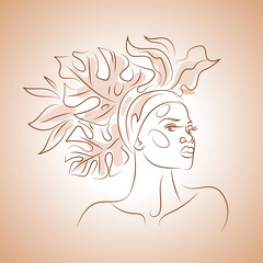 Portrait of an African woman with a bouquet of tropical leaves on her head. Graphic line drawing strokes on a monochrome background.