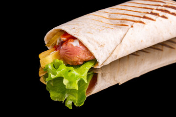 Wheat tortilla with boiled sausage, mayonnaise, pickled cucumber, cream cheese, french fries, onions