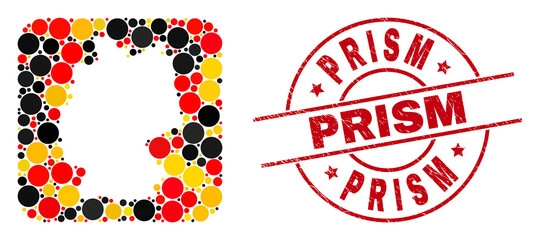 German map mosaic in German flag official colors - red, yellow, black, and rubber Prism red circle stamp print. Prism badge uses vector lines and arcs.
