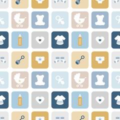 Endlosmuster Babysymbole Quadrate Junge Retroblau Senfgelb