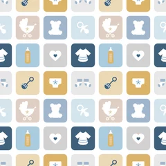 Endlosmuster Babysymbole Quadrate Junge Retroblau Senfgelb © Jan Engel