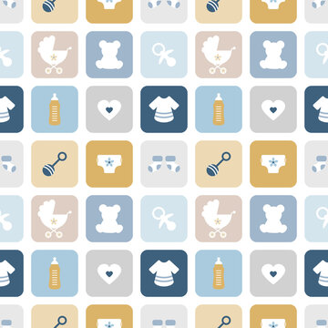 Endlosmuster Babysymbole Quadrate Junge Retroblau Senfgelb