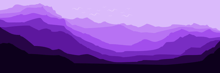 purple sky and mountains scenery flat design vector illustration for background, wallpaper, template, banner, and tourism design