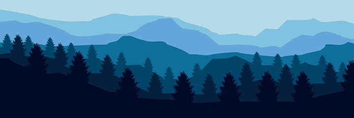 Fototapeta premium blue sky and mountains forest flat design vector illustration for background, wallpaper, template, banner, and tourism design