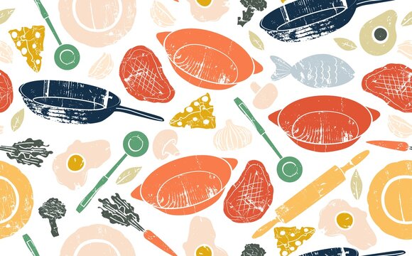 Seamless Pattern with Food and Utensils. Vector illustration.