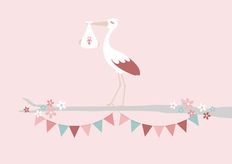 Storch Mit Baby Mädchen Auf Ast Mit Girlanden Rosa Mintgrün