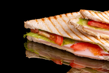 ham and cheese sandwich, fried melted cheese, lettuce leaves, tomato, branded sauce