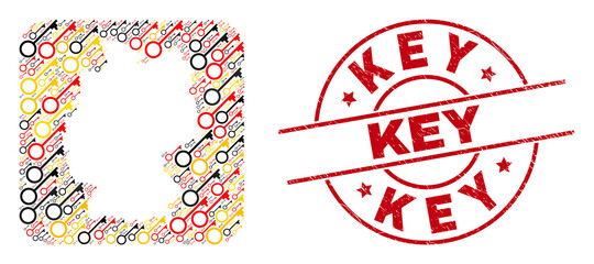 Germany geographic map mosaic in German flag official colors - red, yellow, black, and grunge Key red round seal. Key seal uses vector lines and arcs.