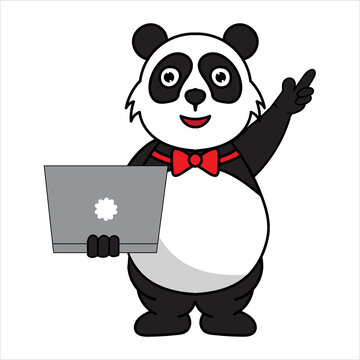 cute fat panda mascot cartoon character illustration working on a laptop