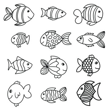 Black and White Outline of Cartoon Fish
