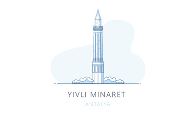 Obraz premium Yivli minaret, Antalya, Turkey. The famous landmark of Antalya, tourists attraction place, skyline vector illustration, line graphics for web pages, mobile apps and polygraphy.