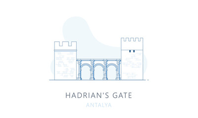 Fototapeta premium Hadrian’s Gate, Antalya, Turkey. The famous landmark of Antalya, tourists attraction place, skyline vector illustration, line graphics for web pages, mobile apps and polygraphy.