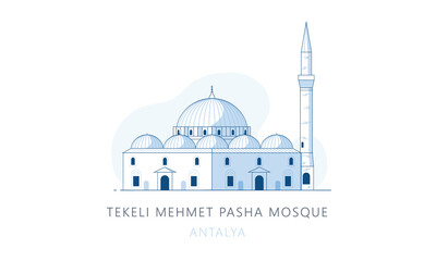 Obraz premium Tekeli Mehmet pasha mosque, Antalya, Turkey. The famous landmark of Antalya, tourists attraction place, skyline vector illustration, line graphics for web pages, mobile apps and polygraphy.