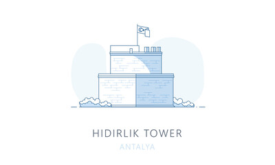 Fototapeta premium Hidirlik tower, Antalya, Turkey. The famous landmark of Antalya, tourists attraction place, skyline vector illustration, line graphics for web pages, mobile apps and polygraphy.