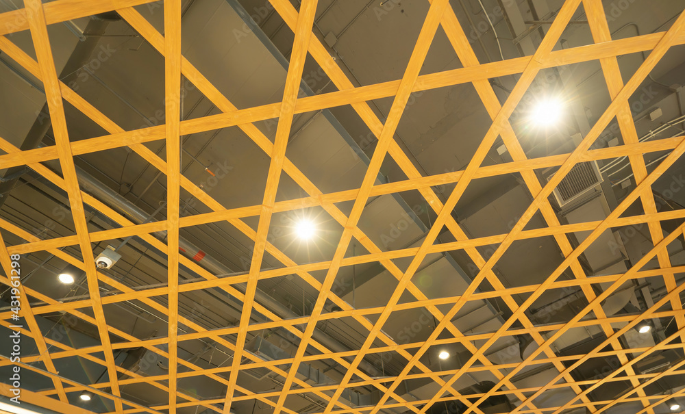 Poster wooden ceiling bottom view with lighting design of shopping department store ,shape wood modern desi