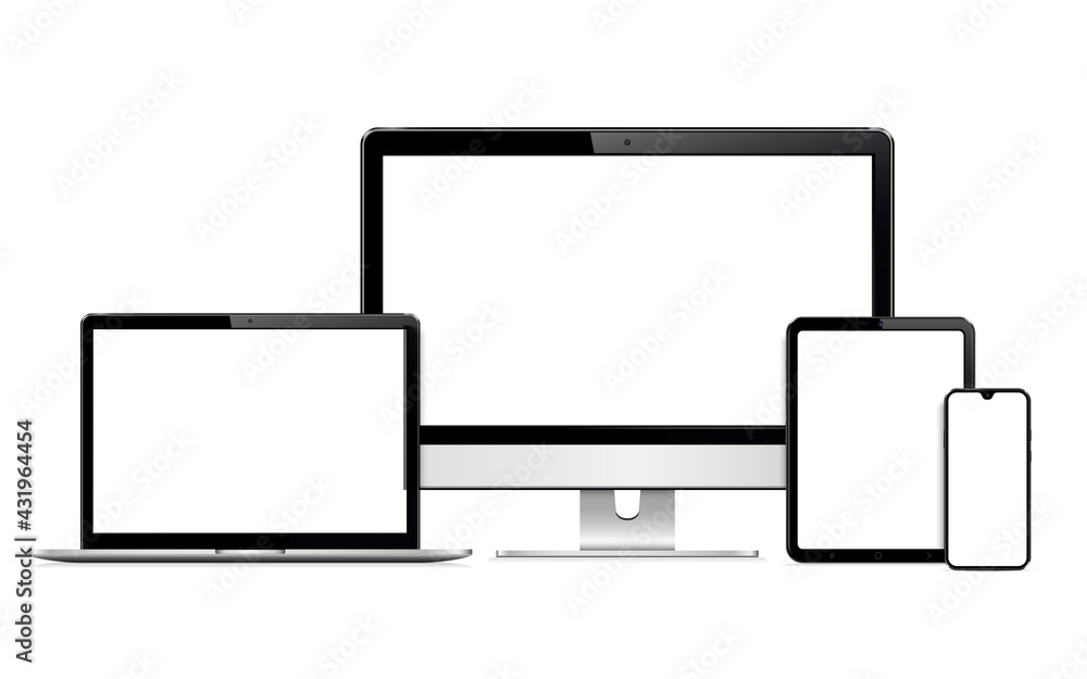 Poster responsive web design computer display, laptop, tablet pc with phone