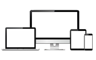 Digital devices screen mockup. Smartphone, tablet, laptop and computer monitor with blank screen.