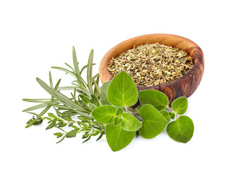 Oregano leaves, rosemary and thyme isolated on white background. Herbs fresh and dry.