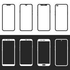 Set of different black and white smartphone icons. Simple mobile phone icons template.