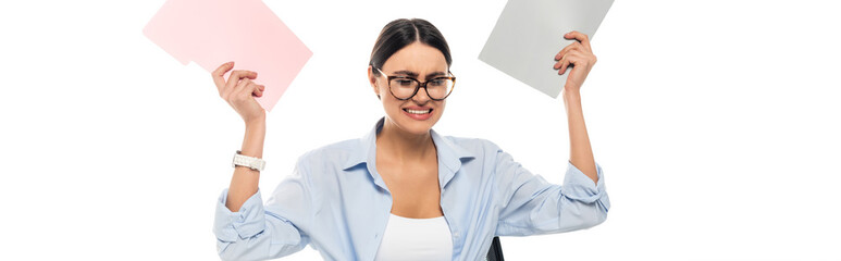 overworked businesswoman with closed eyes holding folders isolated on white, banner.