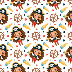Fototapeta premium Cute cartoon african american pirates girls seamless pattern