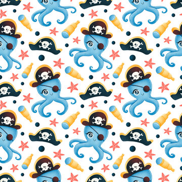 Cute cartoon pirates animals seamless pattern. Octopus pirate pattern