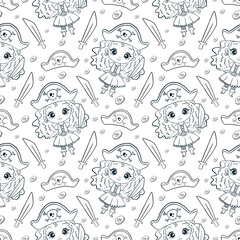 Cute cartoon doodle pirates girls seamless pattern. Pirates Coloring Page