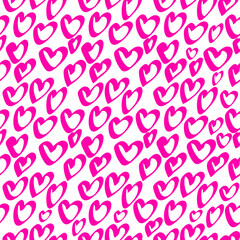 Hand drawn neon pink hearts seamless pattern on white background.