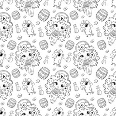 Cute cartoon doodle pirates girls seamless pattern. Pirates Coloring Page