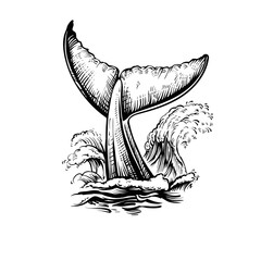 Whale tail with water waves, vector black and white illustration. - obrazy, fototapety, plakaty