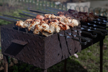 Charcoal and flame grill, street food.Cooking meat on a metal skewer on the grill.Roast pork on an...