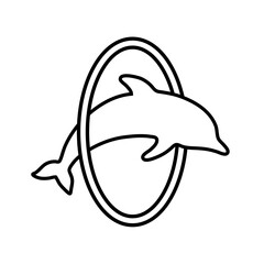 Flat round black and white icon with silhouette of playing dolphin. Summer resort and entertainment symbol. Outline illustration