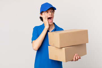 package deliver man feeling happy, excited and surprised