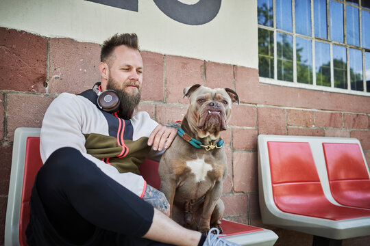 Male fitness instructor looking at bulldog while sitting outside gym