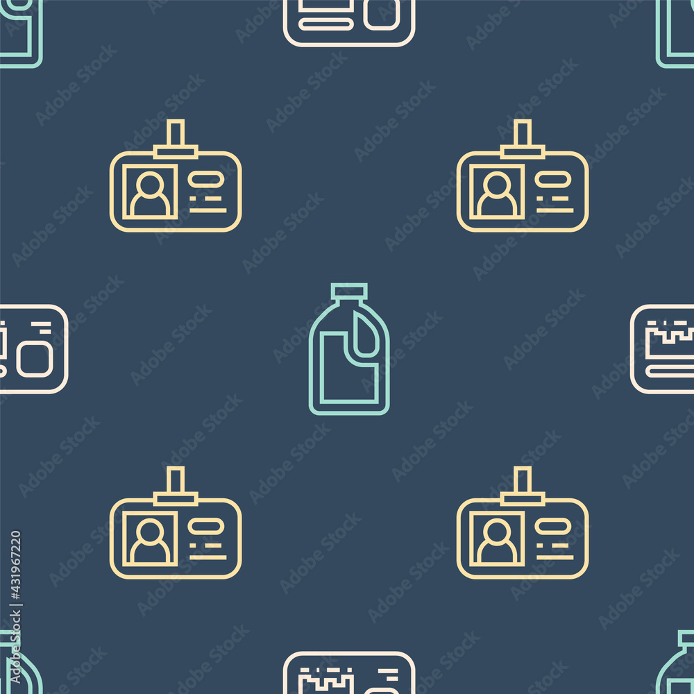 Poster set line identification badge, and bottle for cleaning agent on seamless pattern. vector