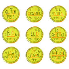 Organic, bio, eco, vegan, raw, natural food, gluten free logo or label set. Hand drawn healthy food and products design elements. Vector illustration.