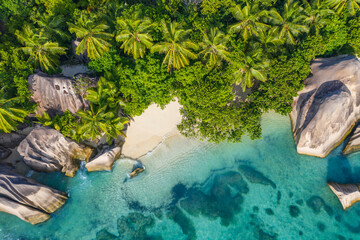 Drone view of Anse Source DArgent beach in summer