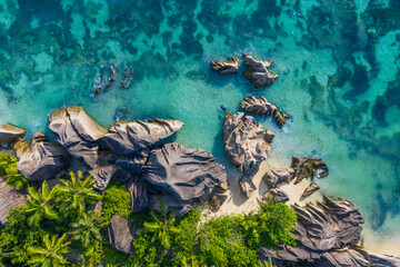 Drone view of granite rock formations of Anse Source DArgent beach in summer
