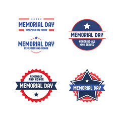 Memorial day badge collection. United States of America patriotic day emblem design. Red white and blue american symbol.