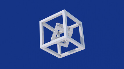 Two white cubes rotating, blue background. Abstract illustration, 3d render.