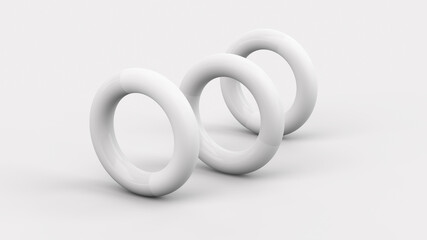 Three white circle shapes. White background. Abstract illustration, 3d render.
