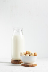 Central asian traditional cheese kurut in white plate with milkman with bottle of goat, sheep or horse milk on white background