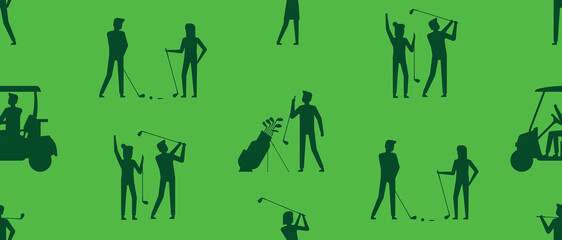 Seamless pattern with golf players. Golfer sports equipment. flat style. isolated on green background