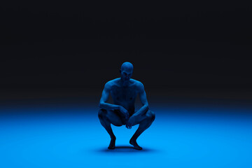 Three dimensional render of man crouching in dark area